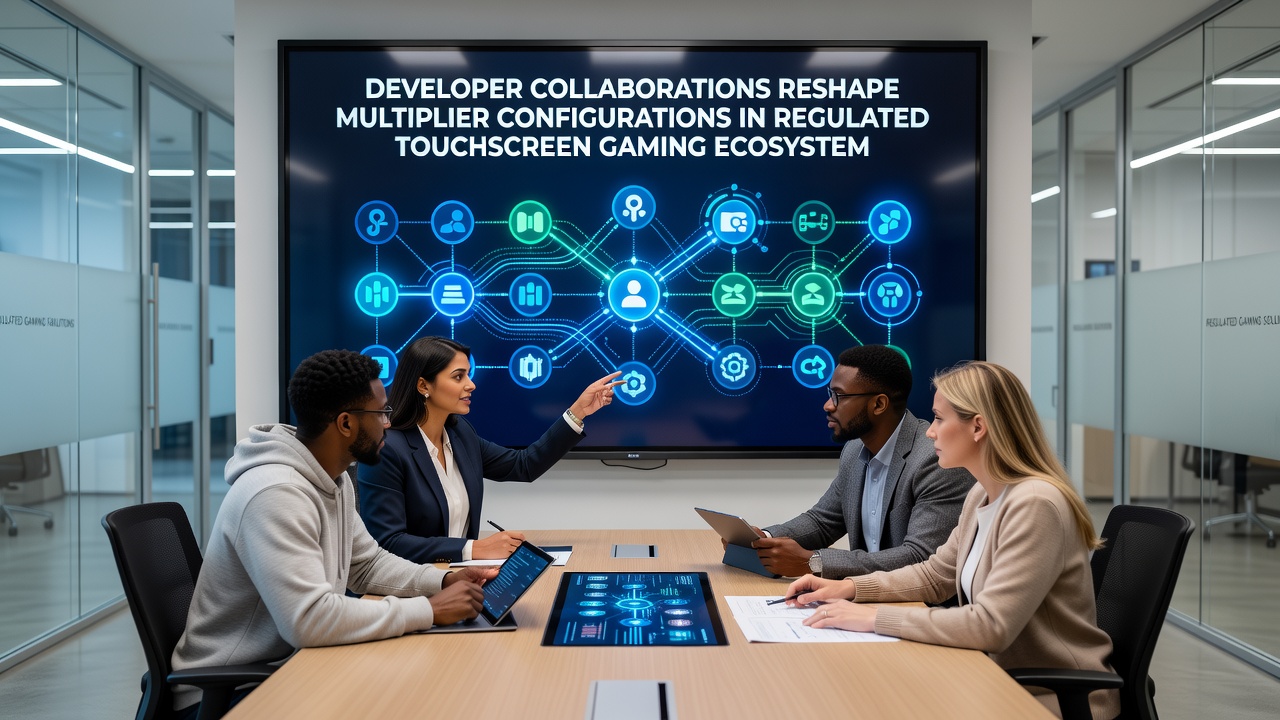 Developers reviewing multiplier configuration data on multiple touchscreen devices during a collaborative testing session