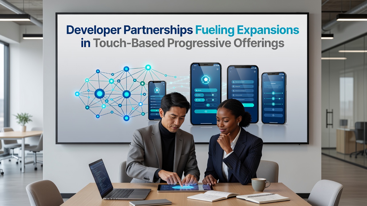 Developers collaborating on touchscreen progressive slot interfaces during a planning session