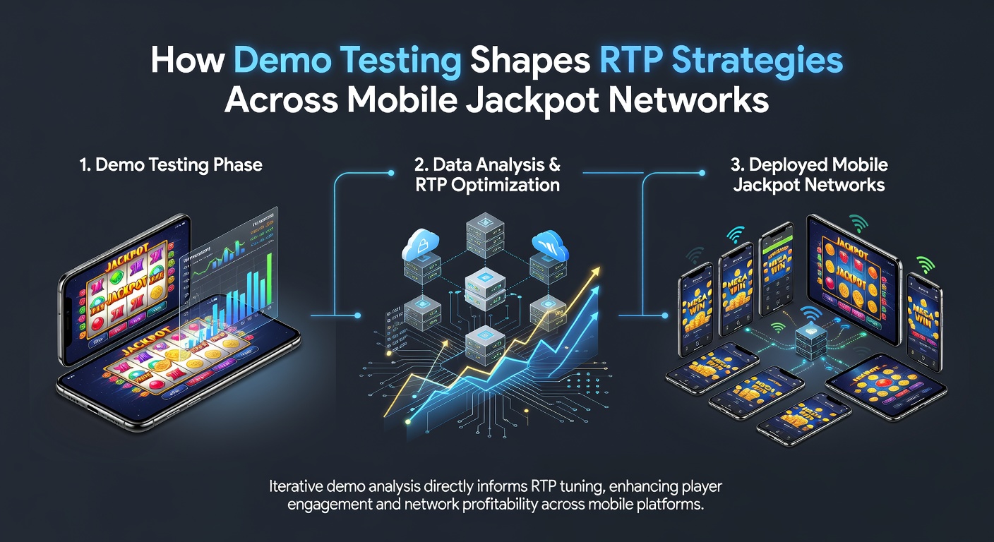 Smartphone displaying demo mode interface for a mobile jackpot slot game with RTP indicators visible