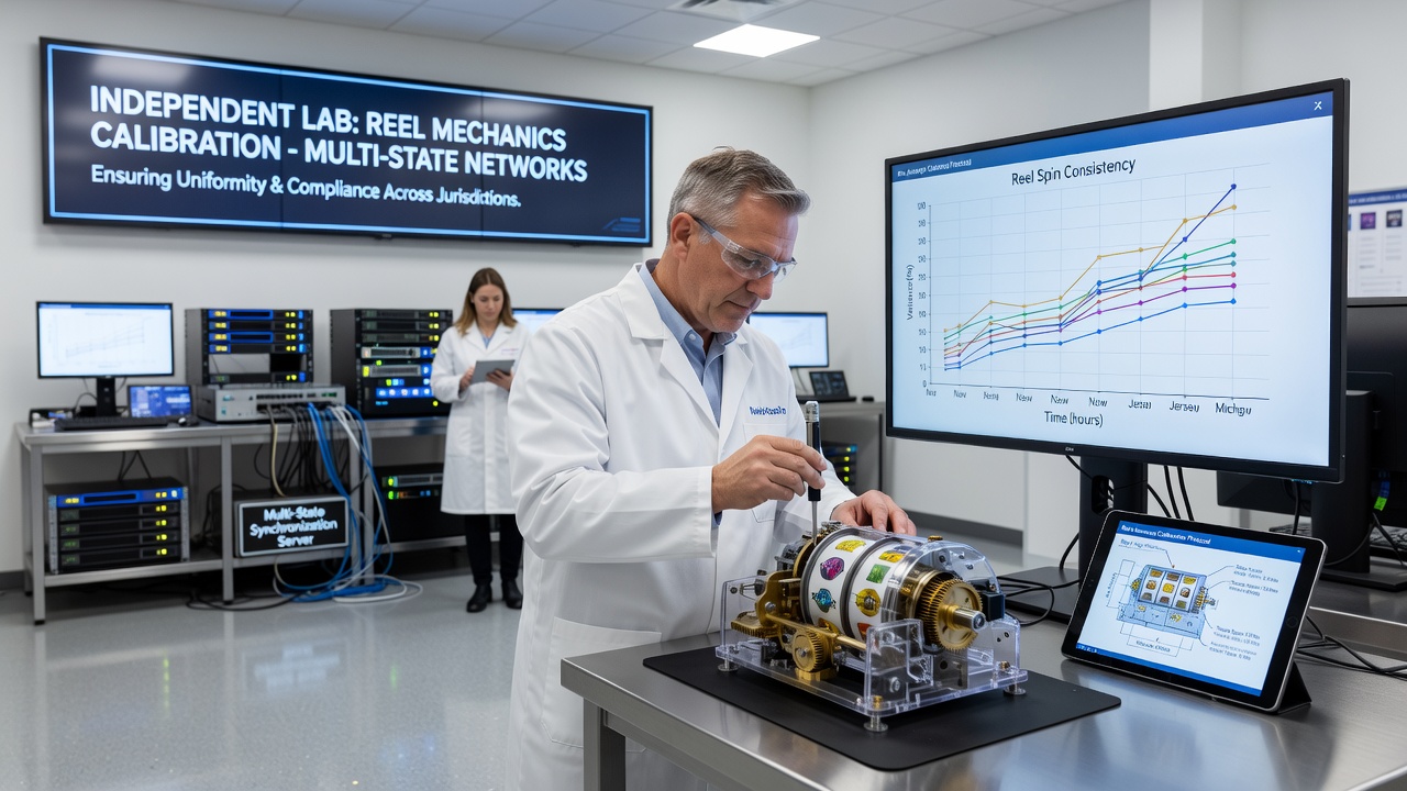 Detailed view of reel mechanics testing equipment with calibration charts and data readouts displayed on screens