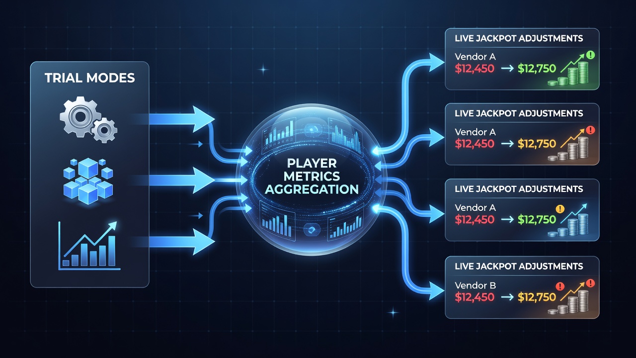Diagram showing data pipelines connecting trial metrics to jackpot adjustments across multiple game vendors