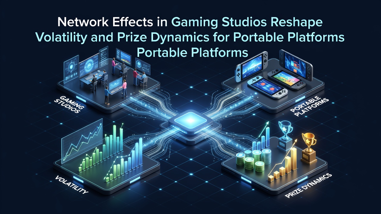 Network diagram showing gaming studios linked across mobile platforms with volatility and prize flow indicators