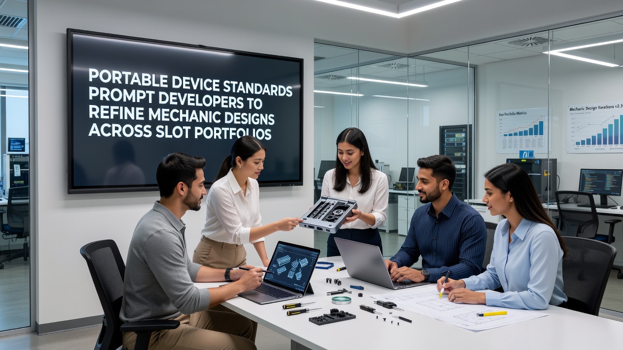 Slot development team analyzing mechanic changes for portable device compatibility in a studio setting