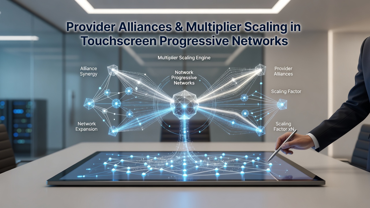 Close-up of a touchscreen progressive slot interface displaying growing multiplier values and jackpot counters