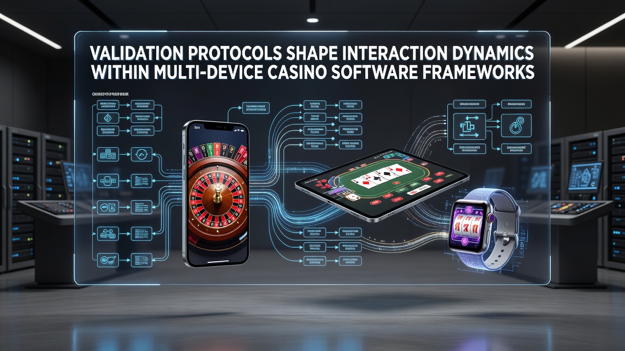 Multi-device casino software interface showing synchronized validation across mobile and desktop platforms