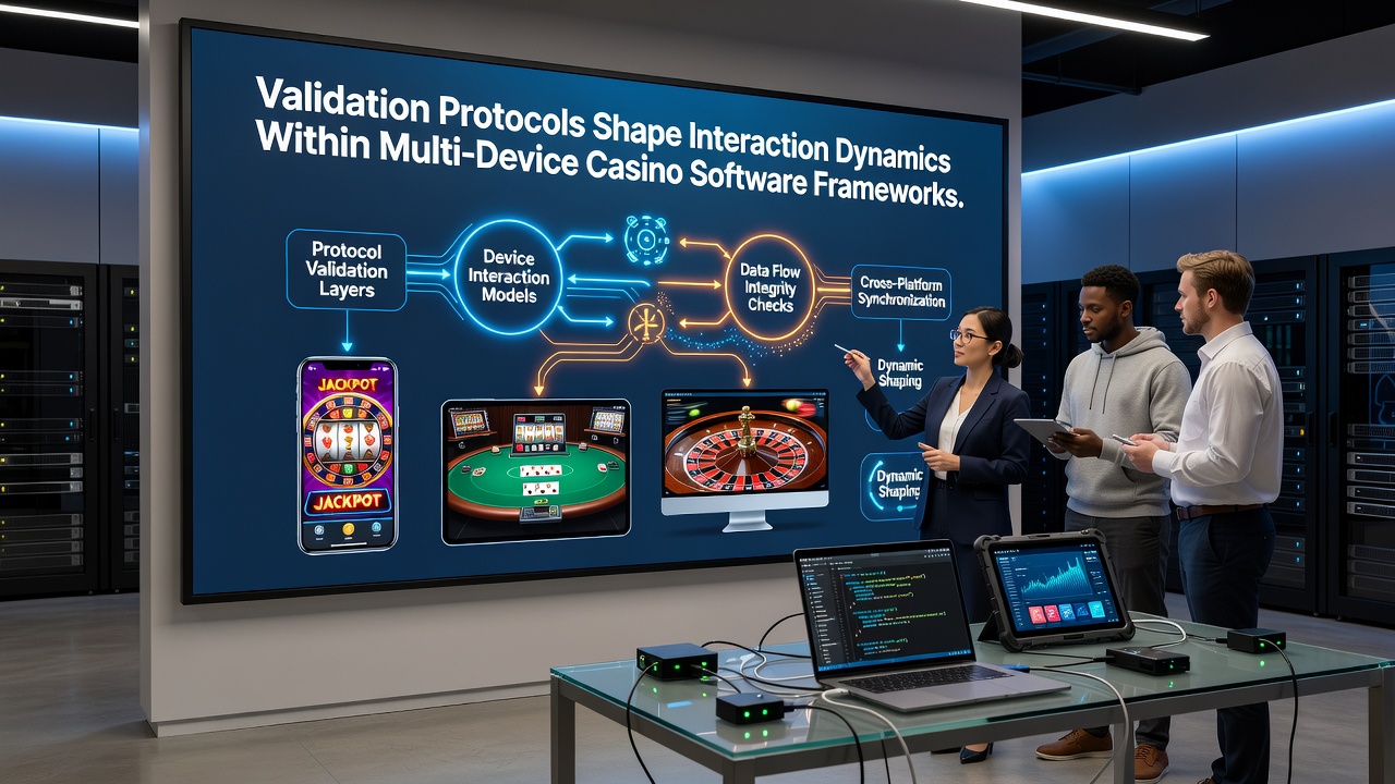 Technical diagram of validation protocol flow in multi-device casino systems